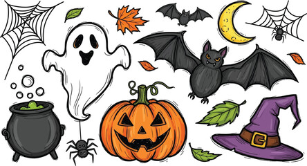 A halloween themed illustration featuring a ghost, bats, pumpkin, cauldron, and witch hat on white