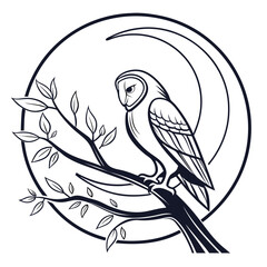 Elegant barn owl perched on a branch against a crescent moon in a circular frame stylized illustration