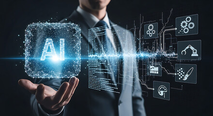 A businessman presents a glowing AI cube, surrounded by technology icons, symbolizing artificial intelligence.