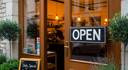 Open sign hangs in the doorway of a cafe or small business, with a glimpse of the interior and a "Daily Special" board outside.