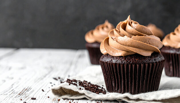 Chocolate Cupcake Delights: Indulge your senses with a close-up shot of delicious chocolate cupcakes topped with swirls of rich, creamy frosting. A delightful treat that is perfect for any occasion.