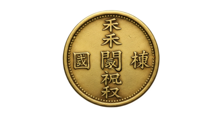 Closeup of an ancient chinese coin isolated on transparent background, revealing its intricate characters, golden hue, and historical significance