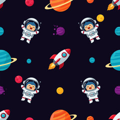 Happy cartoon astronauts and rockets explore space amidst colorful planets Seamless pattern