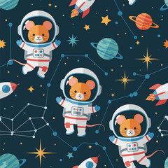 Cute astronaut mice explore space with rockets and planets a fun kids pattern