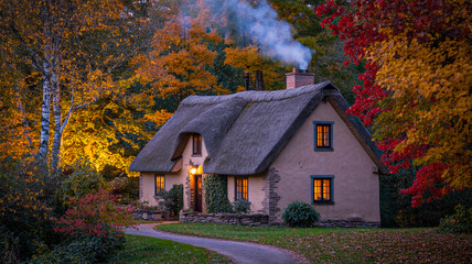 Quaint thatched cottage glows warmly amidst vibrant autumn foliage at twilight hour