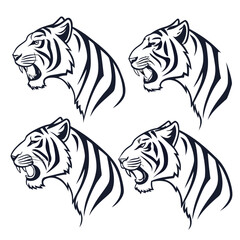 Set of four stylized tiger head illustrations in profile view showing aggressive expressions with open mouths and bared teeth in a bold black and white graphic design