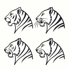 Set of four stylized black and white tiger head profiles in various roaring poses showcasing fierce expressions and iconic stripes perfect for graphic design and branding