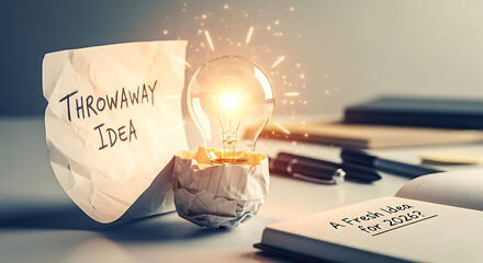 A lightbulb illuminates next to a crumpled "throwaway idea" note and a notebook with "A fresh idea" written on it.