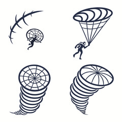 Stylized graphic depicting a person with a parachute descending from a barbed wire arc and two abstract tornado vortex illustrations on a white background