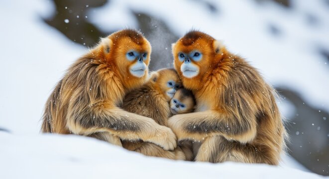 Golden snub nosed monkeys in snow