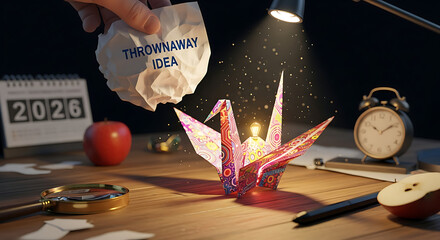 Hand crumples paper labeled "throwaway idea" above a glowing origami crane on a desk with calendar, apple, and lamp.