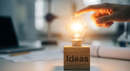 Hand touching a lightbulb on a wooden block with the word "Ideas" printed on it.