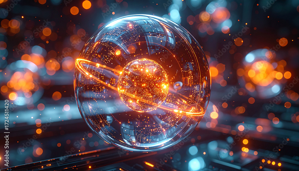 Poster mysterious sphere in dark space: a mesmerizing digital depiction of a glowing sphere radiating intri