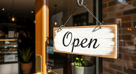 Wooden sign that says "Open" hangs from a storefront window, showcasing a cafe interior.