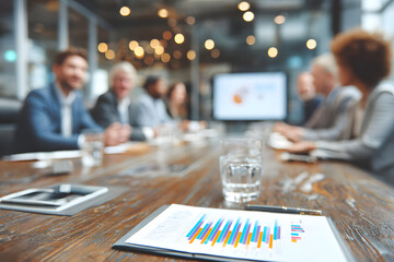 a conference room setting where diverse professionals engage in an animated discussion, with tablets showcasing financial reports placed in front of them
