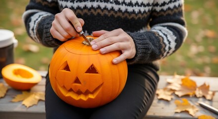 A person carves a pumpkin with a knife creating a jackolantern face Leaves scatter on the surface