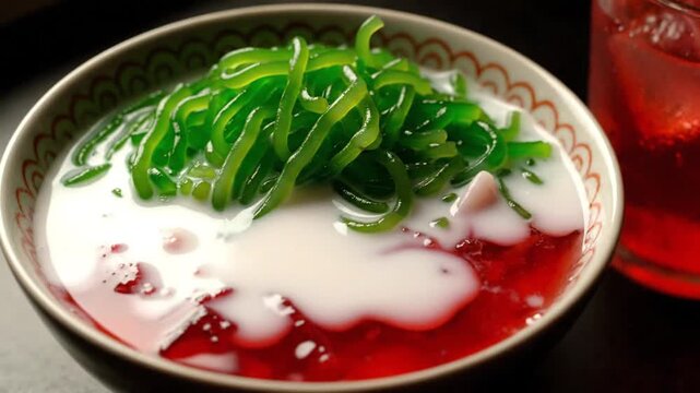 Bowl of es cendol dessert with coconut milk and palm sugar syrup
