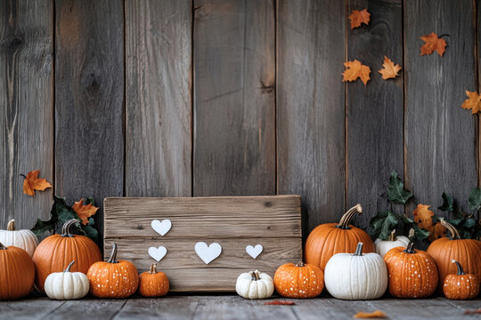 Thanksgiving wooden sign with heart shapes on rustic background surrounded by orange and white pumpkins and autumn leaves for cozy festive mood