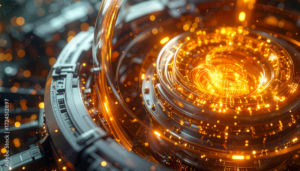Poster Digital Circuit's core: Futuristic digital circuit core with an intricate display of interconnected energy. Glowing elements pulse with a sense of power.