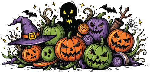 A halloween themed illustration with pumpkins, a witch hat, bats, and a spooky ghost silhouette
