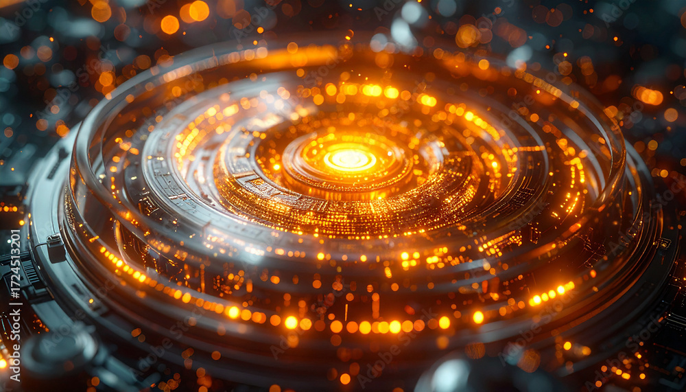 Poster technological core: a futuristic and artistic portrayal of a complex technological core, emitting a 