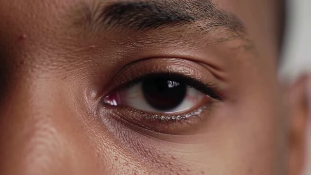Extreme close up macro shot of a mans brown eye looking directly at the camera with a serious and contemplative expression showing detailed iris and pupil.