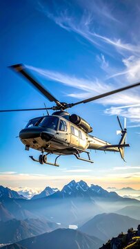 Military helicopter above mountain peaks