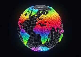 Naklejka premium Pixelated Colorful World Globe with Wireframe on Transparent Background Rendering
