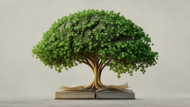Brain shaped tree with green leaves growing from open book pages