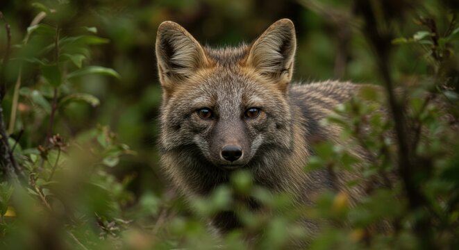 Gray fox hiding in lush vegetation
