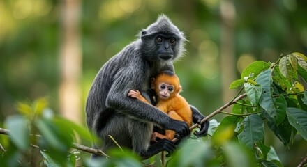 Obraz premium Gray langur monkey with baby in lush forest