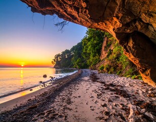 Sunrise beach cove through a cave