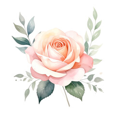 Watercolor Rose Elegance Watercolor PNG: A delicate watercolor painting of a blooming rose with soft pink petals and green foliage, exuding grace and natural beauty. 