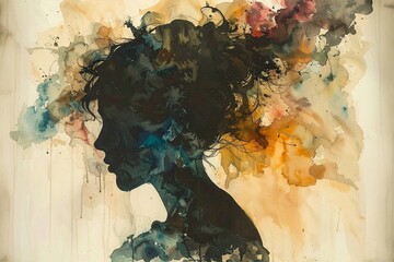水彩で抽象的に描かれた女性の横顔