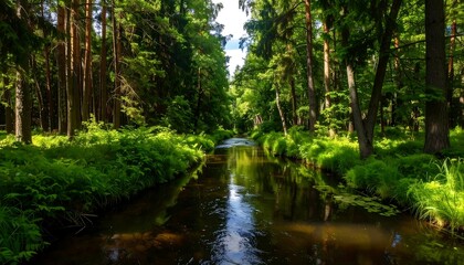 Sunny forest stream, lush greenery