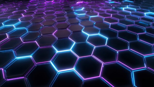 Abstract hexagonal pattern with vibrant neon lighting