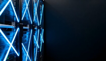 Modern data center with glowing blue neon lights crossing over server racks, symbolizing cloud computing, artificial intelligence, cybersecurity, and the digital backbone of global networks.