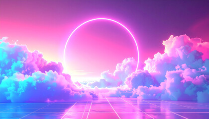 Glowing neon circle above vibrant clouds and reflective grid glowing ring pink clouds