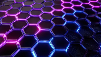 Abstract hexagonal pattern with vibrant neon light