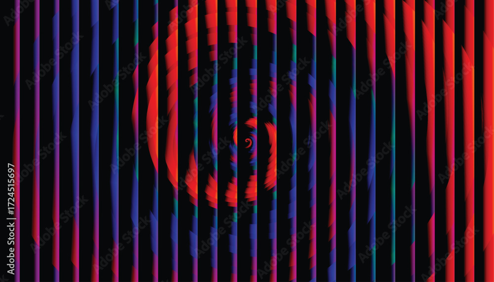 Poster glass gradient fractal neon background abstract design with concentric circles and vertical stripes.