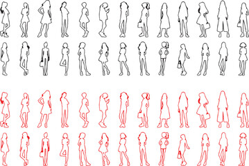 female, woman, fashion, figure, outline, silhouette, standing, pose, model, style, dress, skirt, casual, elegant, diverse, collection, graphic, design, illustration, line art, drawing, art, black, red