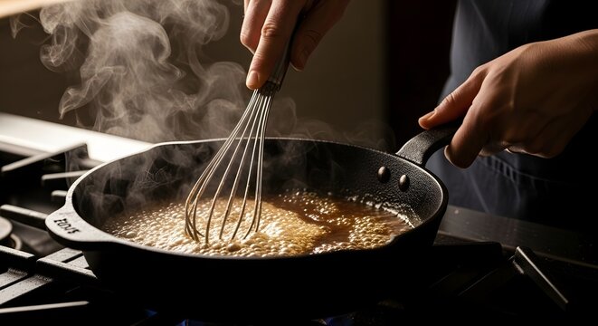 Hands Whisking Steaming Gravy Sauce in Hot Cast Iron Pan on Gas Stove in Kitchen