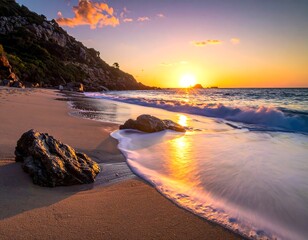 Sunrise beach scene with rocks