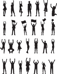 people, silhouette, celebration, cheering, arms raised, jumping, success, victory, joy, excitement, group, crowd, man, woman, child, flag, holding flag, sports, event, concert, festival, freedom, powe