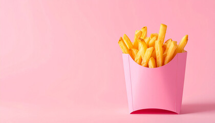 Golden french fries in pink carton on pink background golden fries fast food