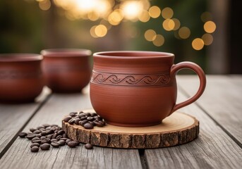 Fototapeta premium Rustic Handmade Ceramic Mug on Wooden Table with Coffee Beans and Bokeh Backdrop
