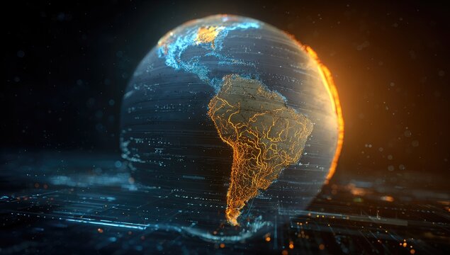 Digital representation of Earth, glowing continents - Powered by Adobe