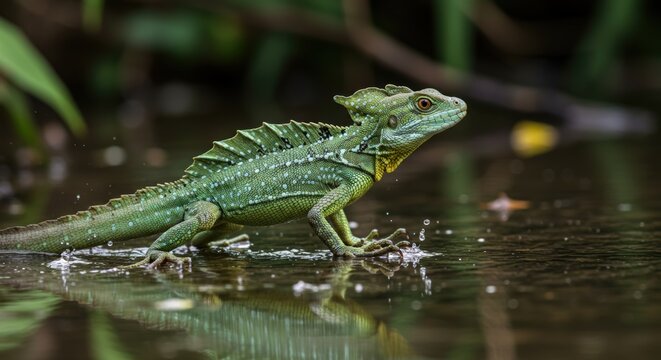 Green basilisk lizard walking on water