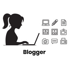 Fototapeta premium Silhouette of Woman with Laptop and Blogging Icons
