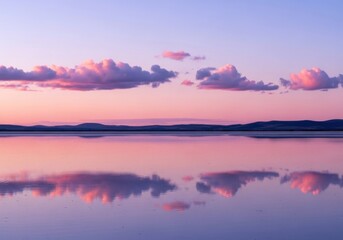 Fototapeta premium Serene Lake Reflections at Dusk with Pink Clouds Reflecting on Calm Waterscape